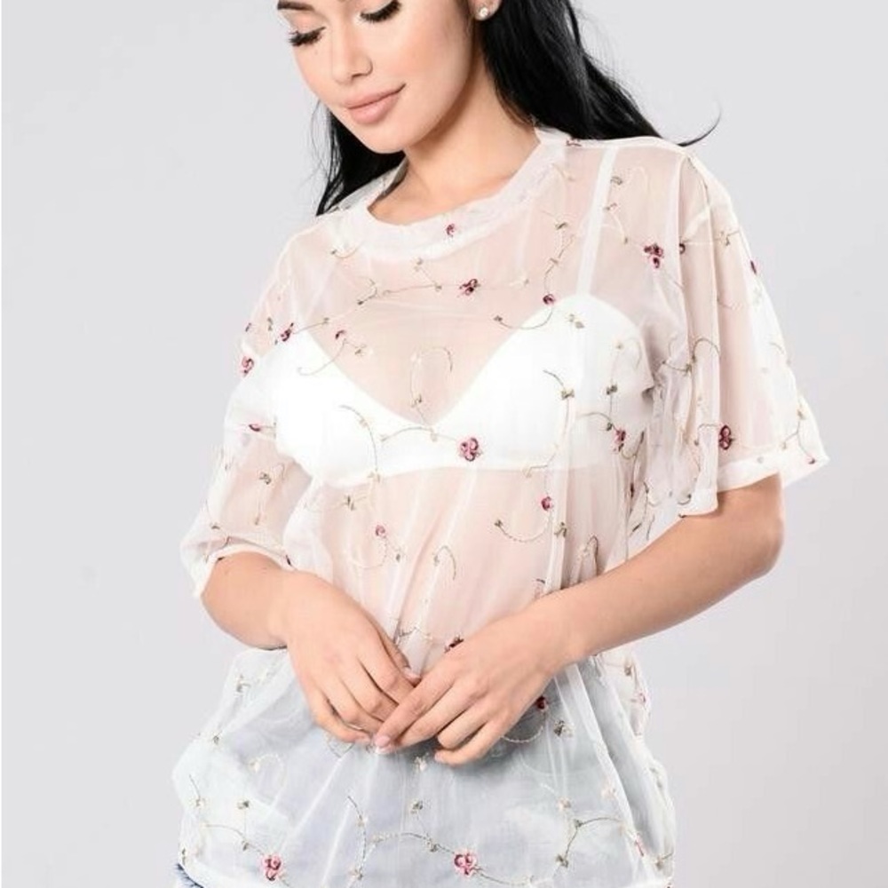 Fashion Nova Sheer Floral Embroidered Top